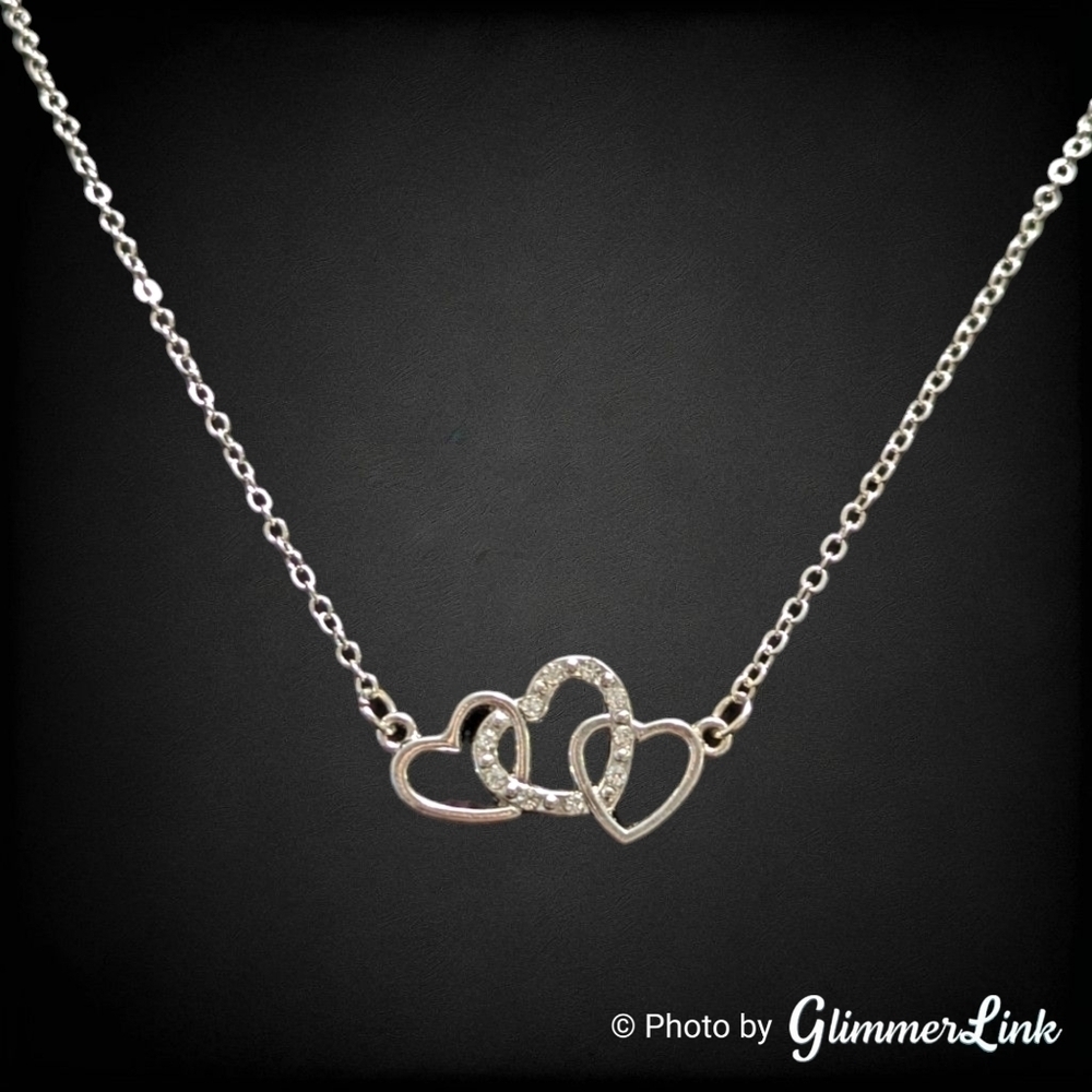 Triple Interlocked Heart Rhinestone Silver Tone Pendant Necklace